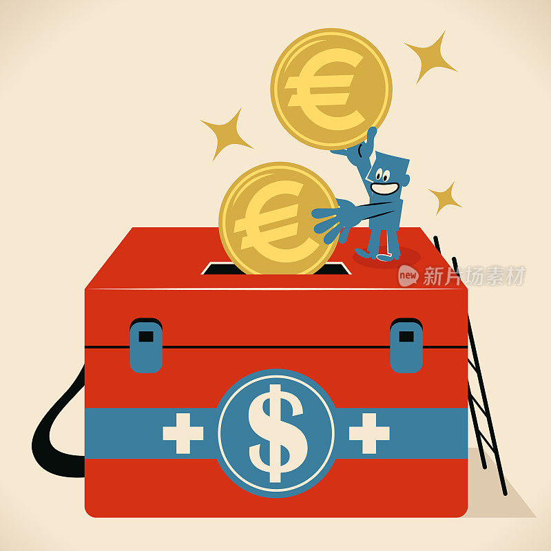 一个蓝人正在把欧盟货币(欧元符号硬币)放进一个大急救箱;紧急基金或慈善捐赠概念