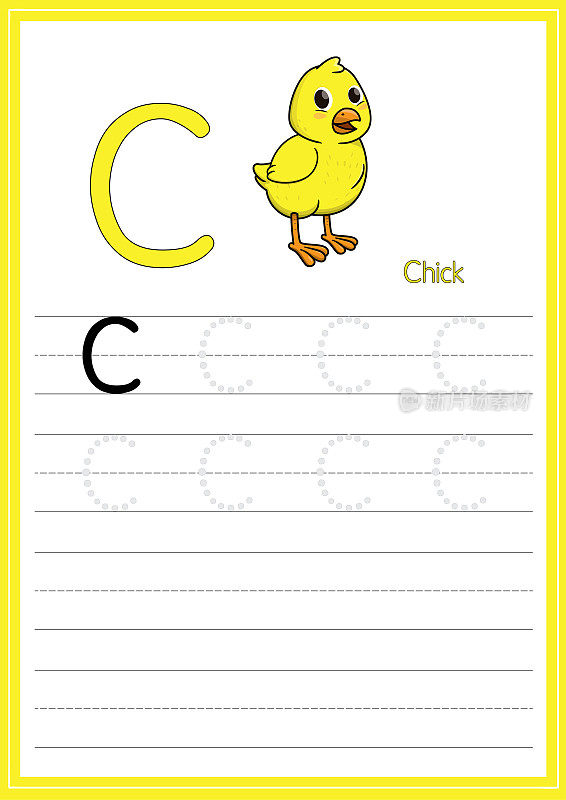 黄色小鸡矢量图孤立在白色背景上。用大写字母C作为教学和学习媒体，供儿童识别英文字母或供儿童学习写字母用于在家里和学校学习。