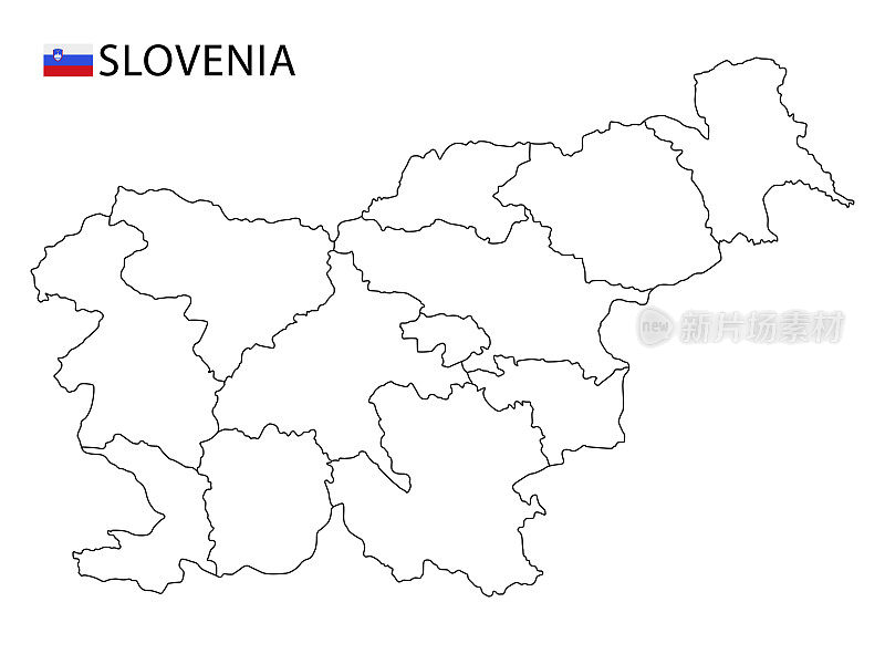 斯洛文尼亚地图，黑白两色详细勾勒了该国的各个地区。