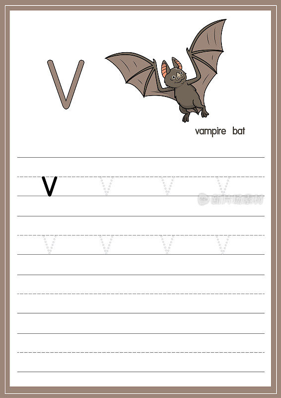 矢量插图吸血蝙蝠孤立在白色背景。用小写字母V作为教与学的媒介，供儿童识别英文字母或供儿童学习写字。用于在家里和学校学习。