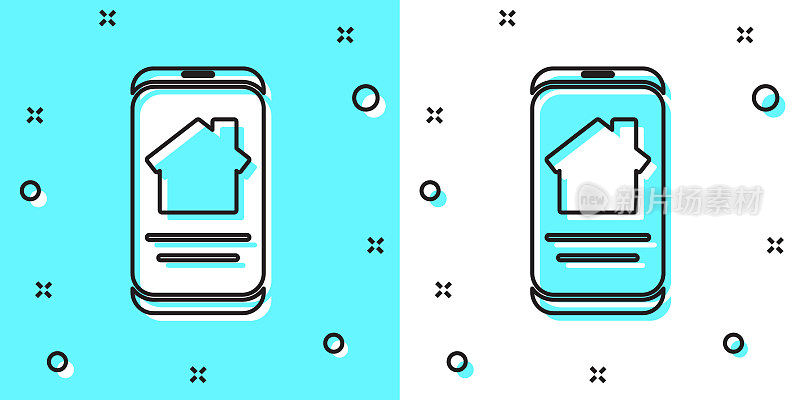智能手机上的在线房产图标隔离在绿白背景上。房屋贷款概念，租房，买房，买房。随机动态形状。矢量图