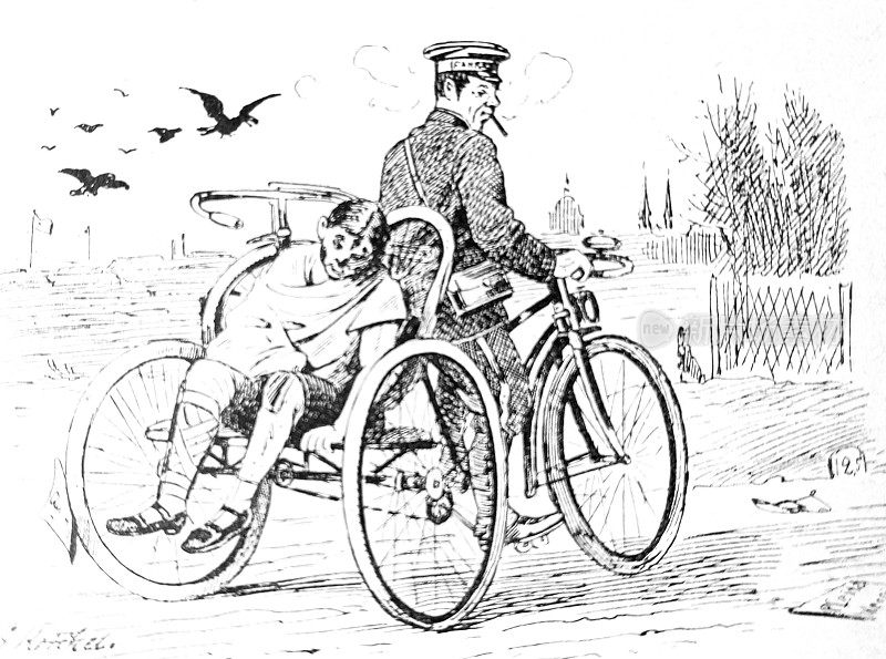 在一辆自行车撞车后用三轮车运送病人