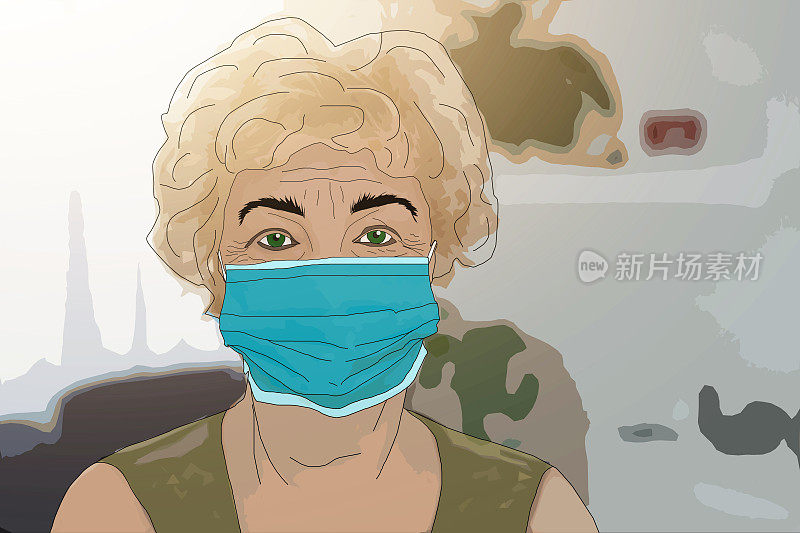 一位脸上戴着医用口罩的老年妇女。戴医用口罩的老年妇女担心冠状病毒。插图。
