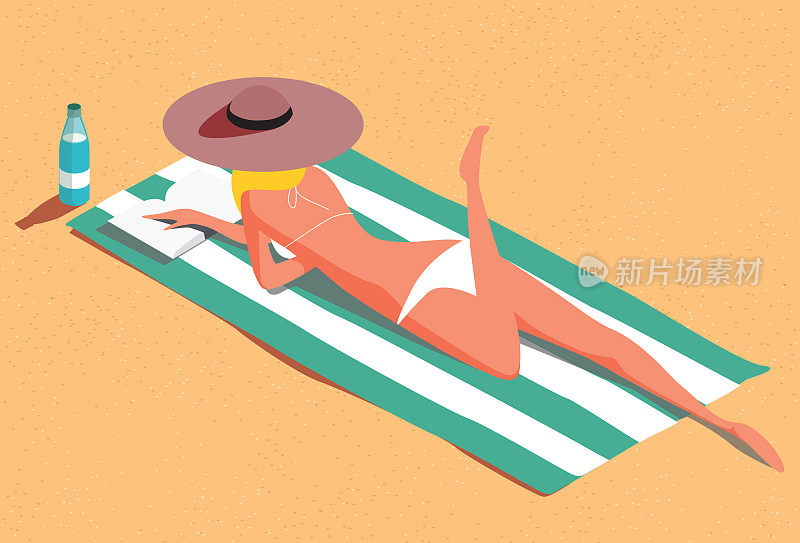 女人在沙滩上晒日光浴和看书