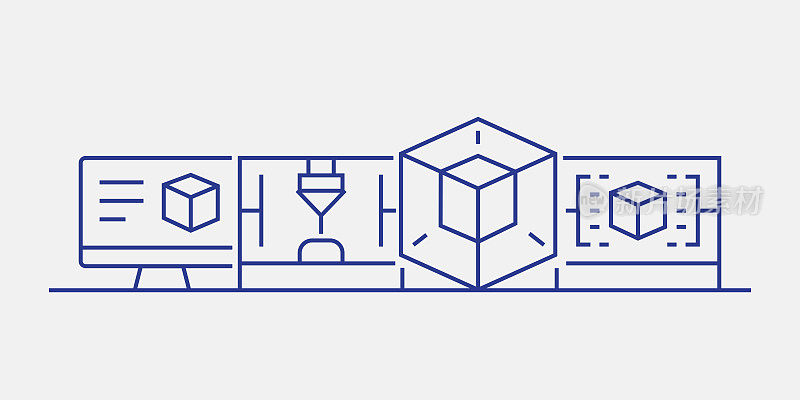 3D打印技术相关的网页横幅线条风格。现代线性设计矢量插图的网站横幅，网站标题等。