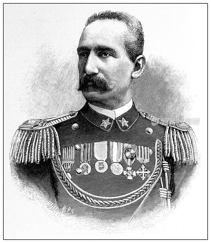 第一次意大利-埃塞俄比亚战争(1895-1896)的古董插图:马泰奥・阿尔伯托内将军