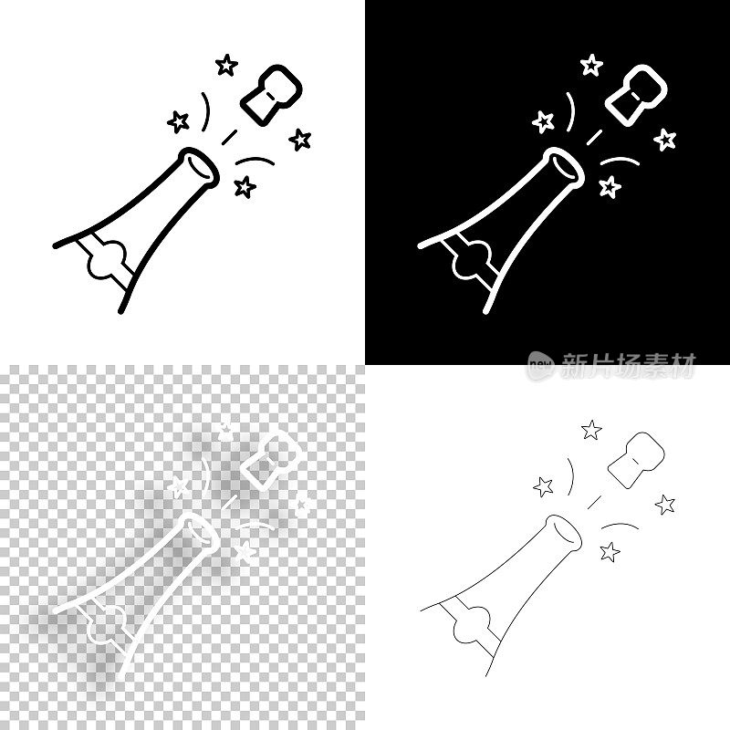 香槟爆炸。图标设计。空白，白色和黑色背景-线图标