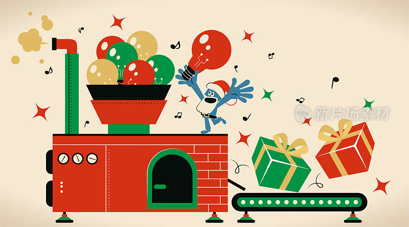 圣诞老人正在一家圣诞礼品生产厂用最好的礼物创意努力制造礼物;寻找独特的圣诞礼物