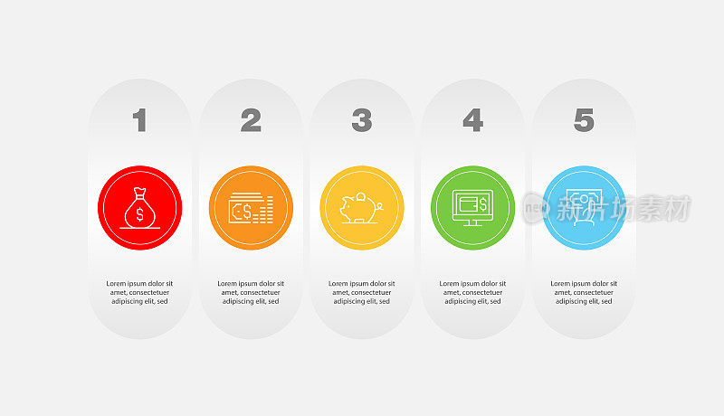 信息图表设计模板。财富，堆栈，省钱，数字钱包，现金支付图标与5个选项或步骤。
