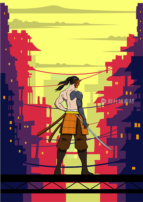 矢量动漫武士在未来贫民窟赛博朋克城市矢量插图