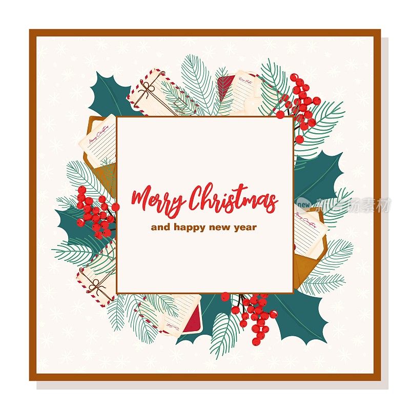 圣诞祝福四合院卡。可爱的卡片与插图水彩圣诞复古信封和信件和植物松枝和眼。
