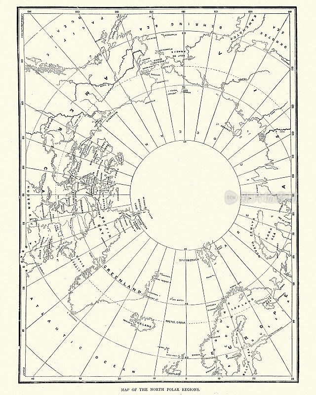 复古插图北极圈,地图的北极地区,维多利亚19世纪19世纪70年代