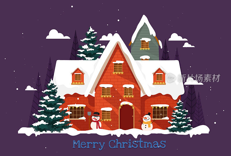 一个村庄和建筑的场景在松树林中的一个村庄和建筑的场景，下雪了，有一棵圣诞树和雪人。松树林中正在下雪，那里有一棵圣诞树。