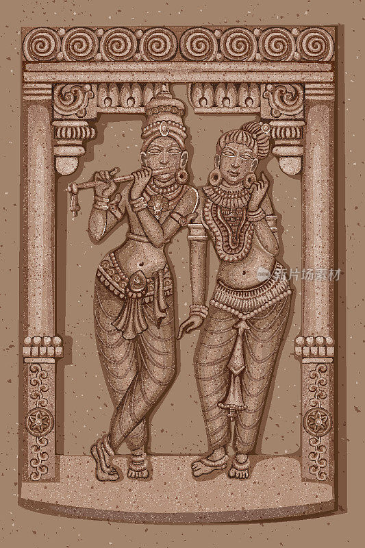 古雕像的印度神拉达和克里希纳雕塑