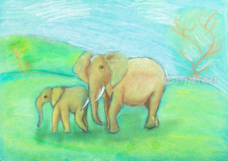 孩子们画-大象和婴儿大草原