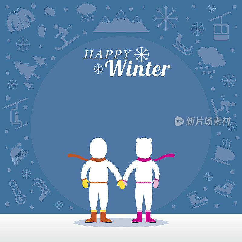 夫妇在雪衣与冬季图标背景