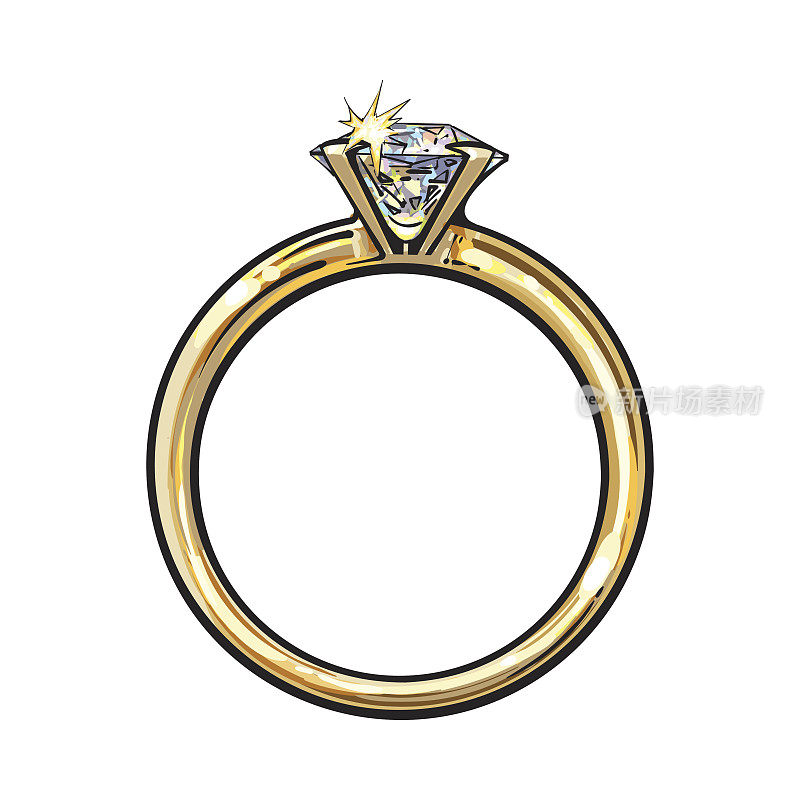 金色订婚戒指，镶着闪亮的大钻石
