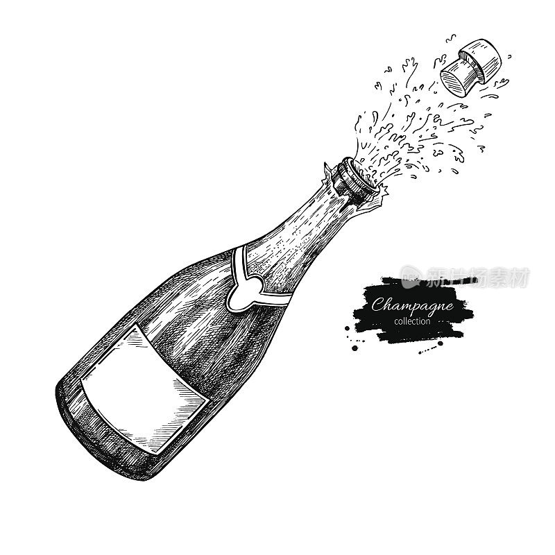 香槟酒瓶爆炸。手绘孤立矢量插图。含酒精的饮料
