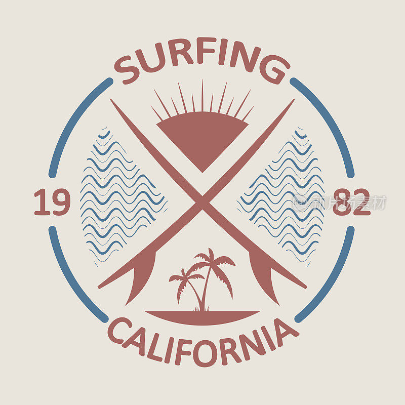 加州运动冲浪排版，运动图形t恤，矢量。