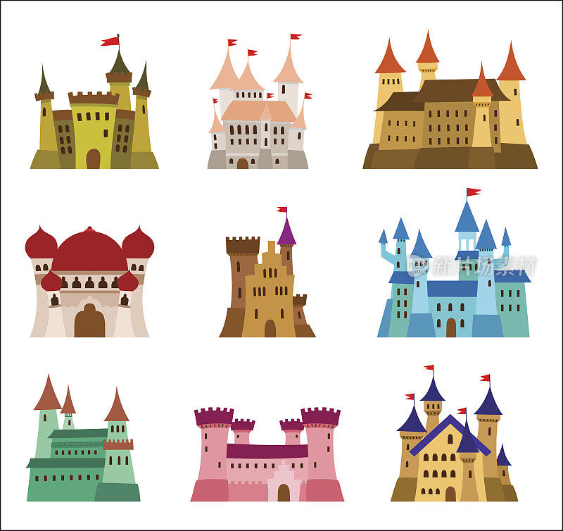 城堡和堡垒平面设计矢量图标。废墟，大厦，宫殿，别墅和其他中世纪建筑的插图