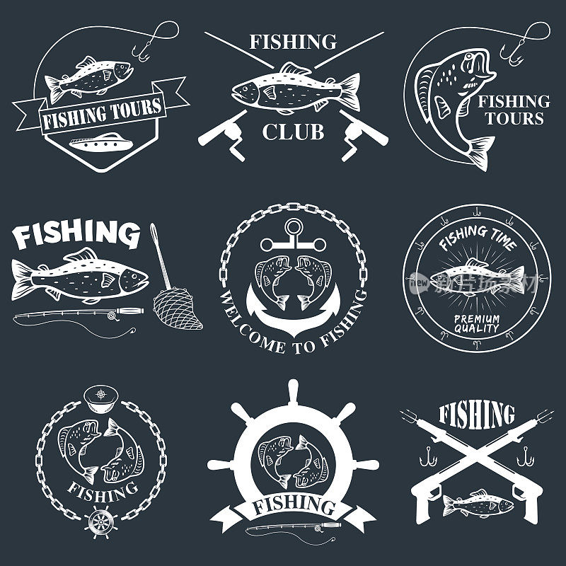 一套老式钓鱼标签，徽章
