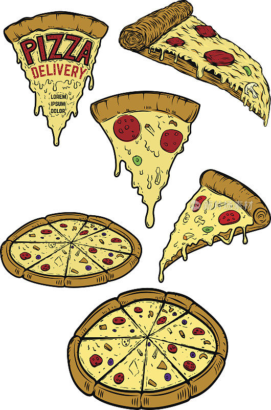 一套披萨插图。设计元素海报，菜单，餐厅传单。披萨外卖。矢量图