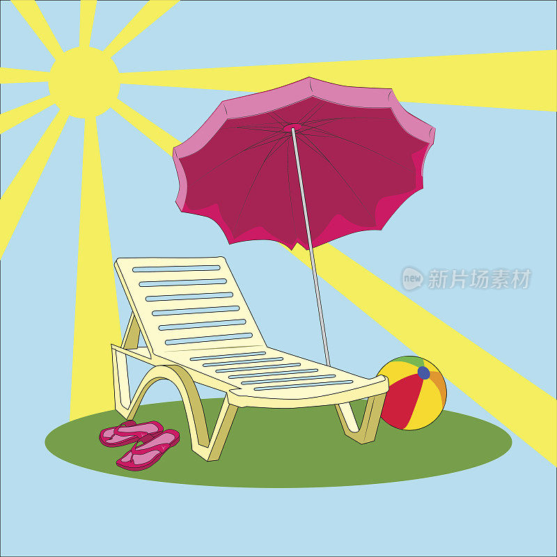 暑假的插图-沙滩椅，雨伞，拖鞋，球