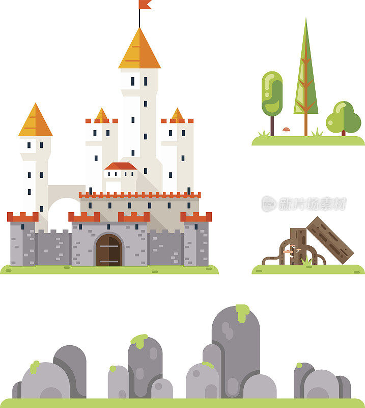 城堡游戏屏幕概念冒险RPG平面设计魔术精灵尾巴图标孤立模板矢量插图