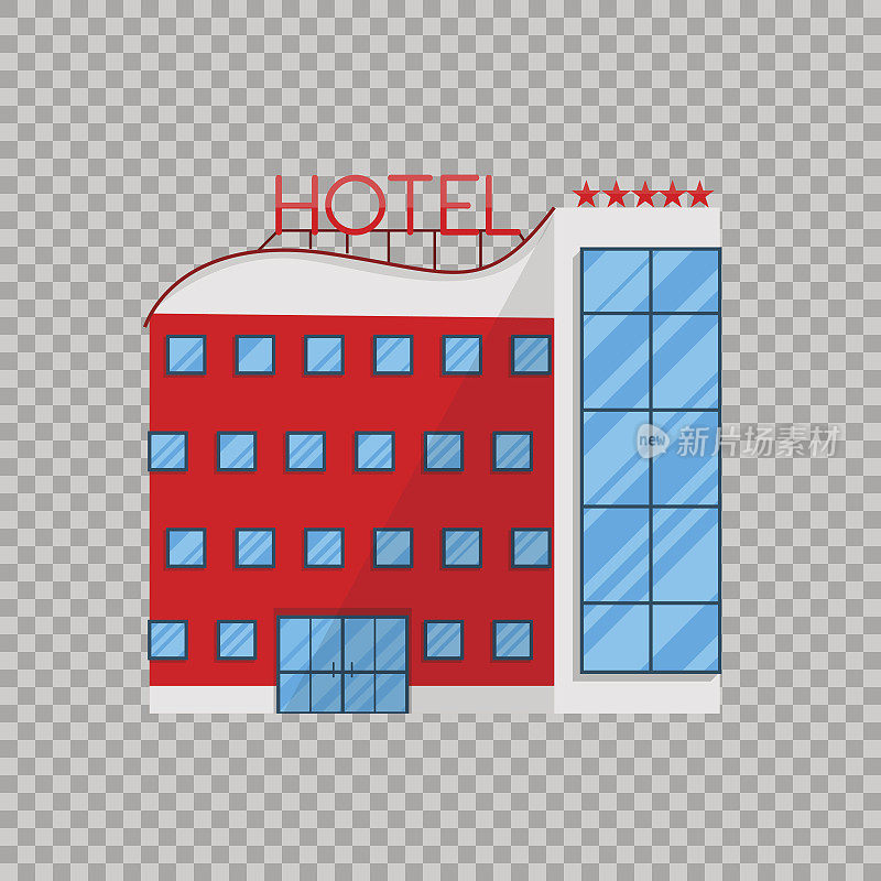 酒店在平面风格孤立在透明背景矢量插图。本建筑建筑度假屋，拆除公寓
