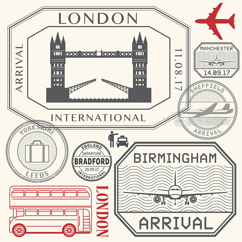 旅行邮票或标志设置了英格兰、伦敦和英国