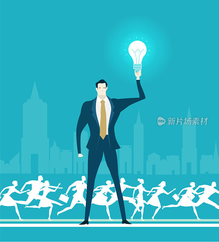 举着灯泡的商人周围有许多图标。创新，创造性思维和商业转型。很多跑步的人代表着竞争激烈的商业环境。