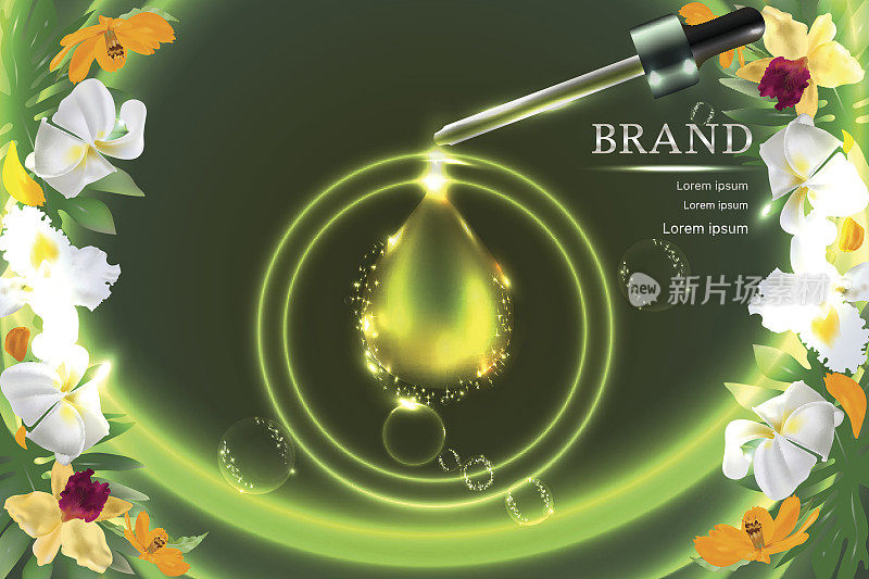 胶原蛋白精华液滴带广告背景随时准备使用，自然概念护肤广告。