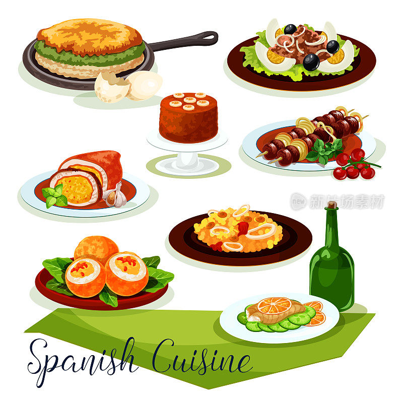 西班牙菜图标设计与肉类和海鲜