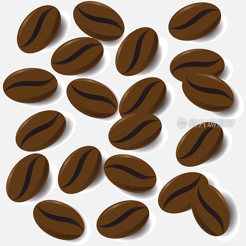 在矢量图中，白色背景上散落着咖啡豆