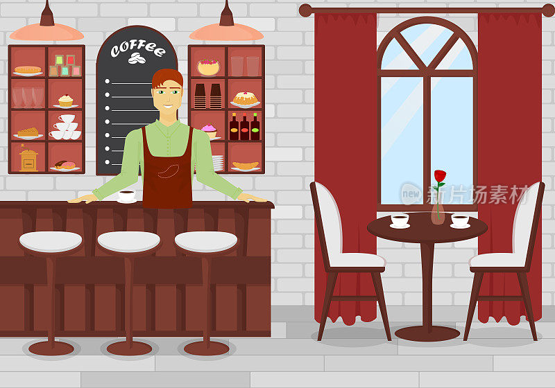 咖啡厅内部用男士平面设计矢量插图。