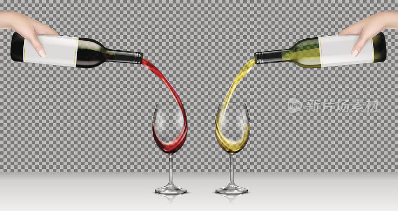 矢量插图的手拿着玻璃瓶与白和红葡萄酒，并把它倒入透明的玻璃杯