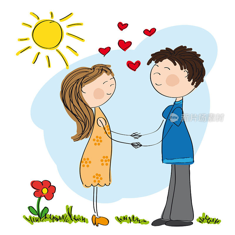 年轻夫妇在爱牵手-原创手画插图