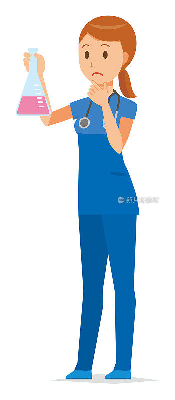 一个戴着蓝色磨砂膏的女护士有一个厄伦迈耶烧瓶