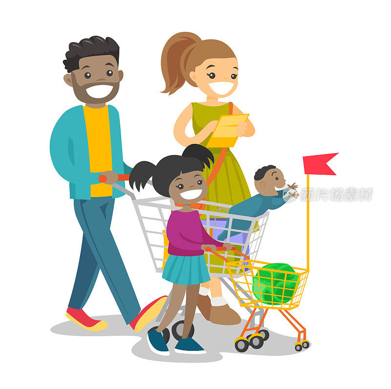 年轻的多元文化家庭与孩子购物