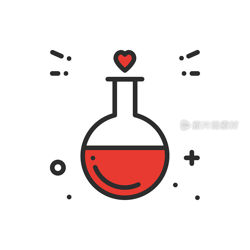 爱的化学线图标。试管爱液体反应实验室瓶子科学浪漫爱情主题。心的形状。情人节快乐的标志和符号。