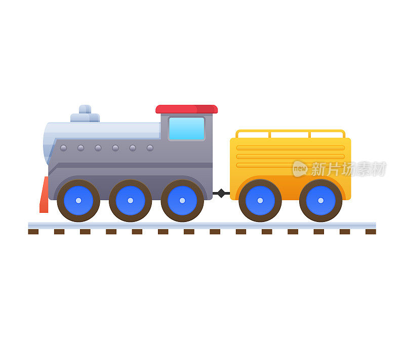 儿童玩具。美丽的彩车、机车、客货运输