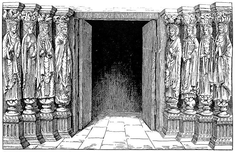 巴黎圣日耳曼德普雷修道院的大门，里面有法兰克国王克洛维和他的孩子因戈默、克洛多默、柴尔德伯特、克洛泰尔、克洛蒂尔德和提乌德里克的雕像