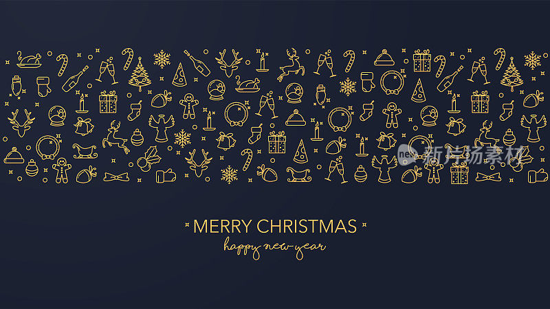 深蓝色的圣诞卡片上有金色的图标