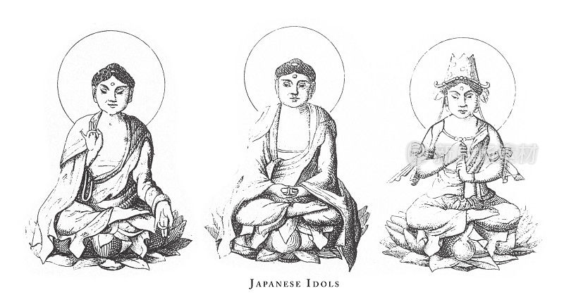 远东雕刻古董插图的日本偶像、雕刻古董、仪式和宗教人物及用具，1851年出版