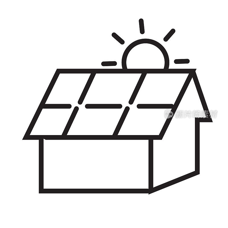 家用节能屋顶太阳能板上的房子图标在细线风格