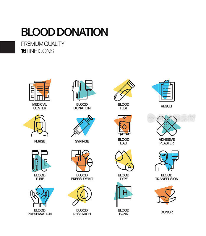 献血相关的聚光灯矢量线图标的简单设置。大纲符号集合。