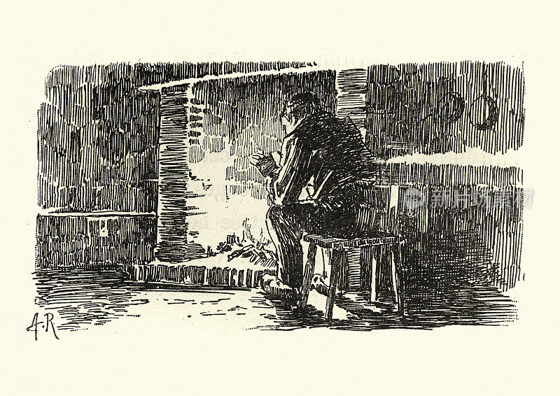 男孩在火炉前取暖，维多利亚时代，19世纪90年代