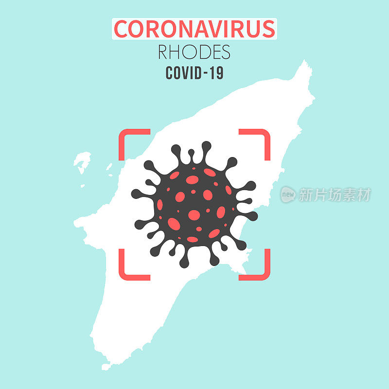 罗德岛地图，红色取景器显示冠状病毒(COVID-19)细胞