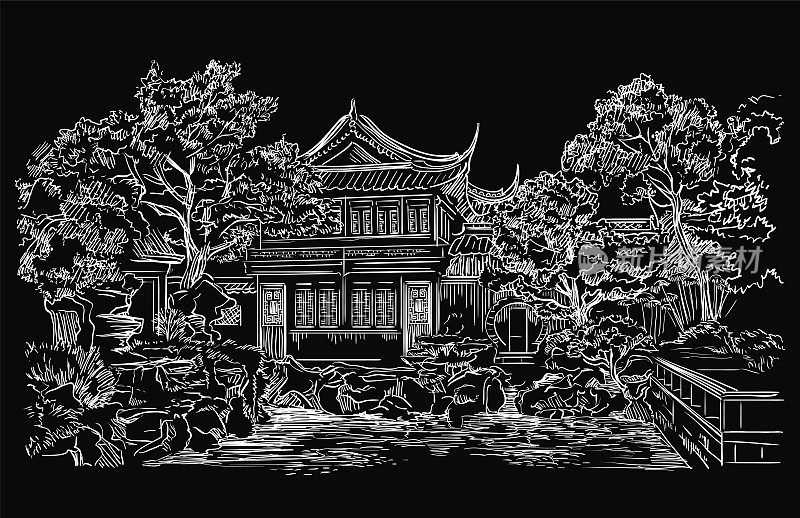 中国黑色手绘地标