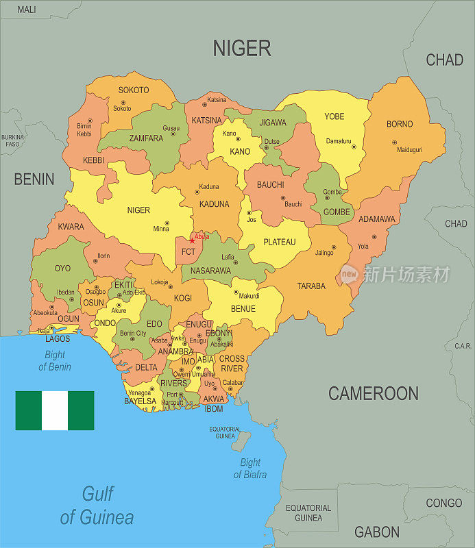 带国旗的尼日利亚平面地图